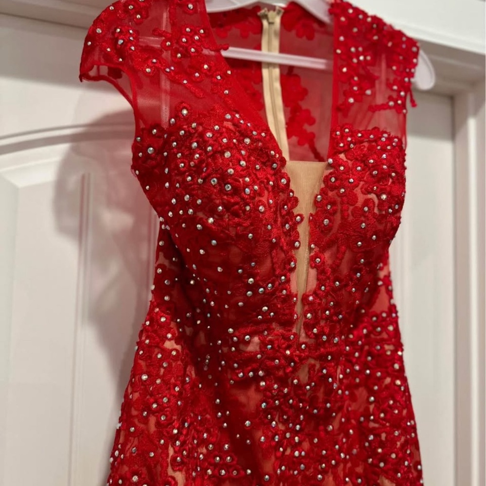 Elegant Red Beaded & Lace Prom Dress